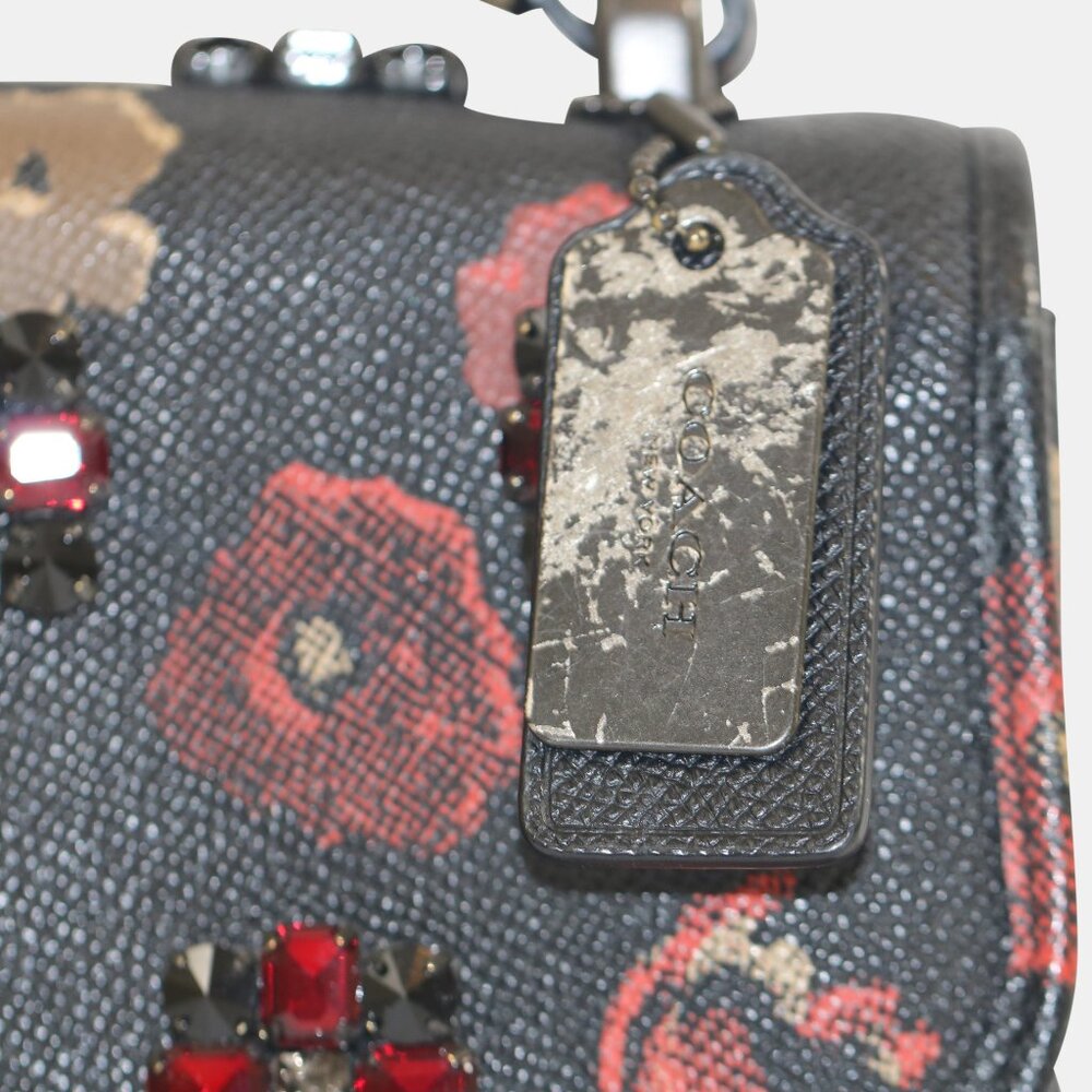 COACH FLORAL SATCHEL CROSS BODY BAG WITH RED CRYSTAL CLUSTER TO FRONT - Picture 3 of 5